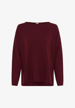 Burgunderfarbener Strickpullover mit lockerer Passform, weitem Ausschnitt und langen Ärmeln. Verfügt über seitliche Schlitze am Saum für zusätzlichen Komfort.