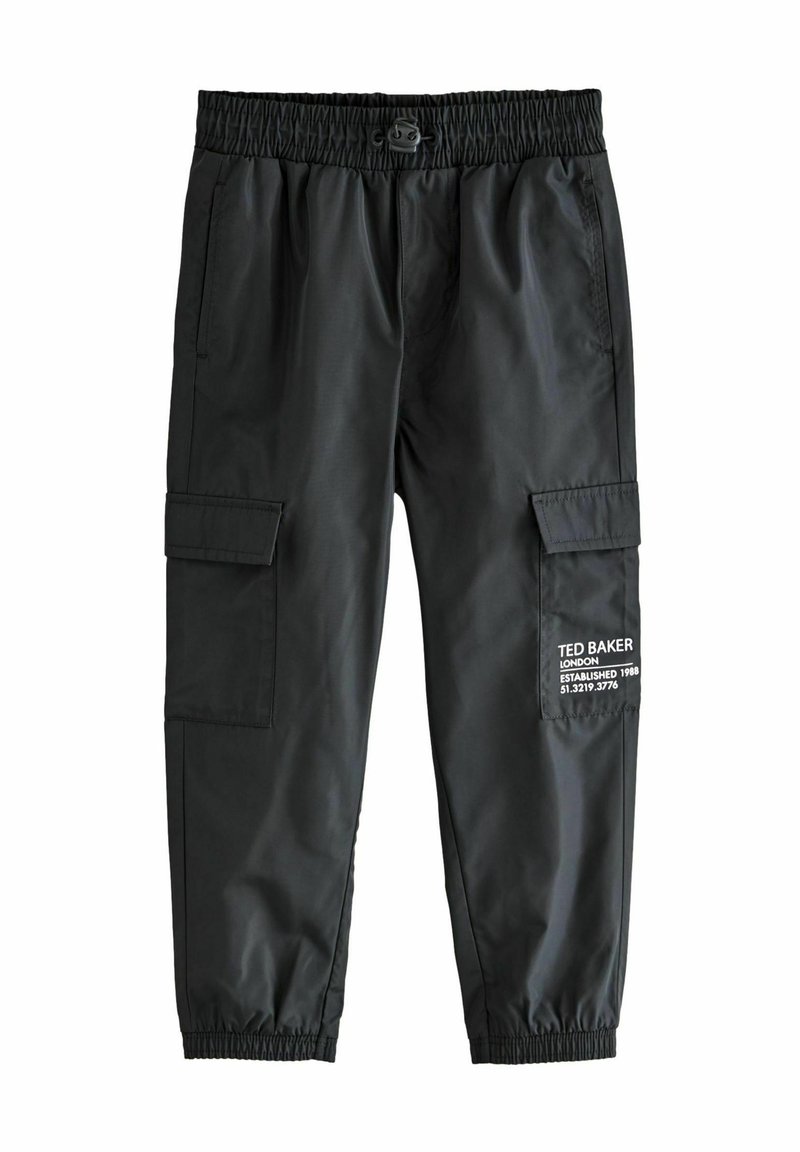 Sorte cargo bukser med elastisk talje, sidelommer og et logo-patch. Fremstillet af glat, let stof med en tapered pasform.