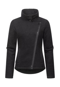 Giacca nera con colletto alto, tessuto testurizzato e tasca diagonale con zip. Presenta un morbido rivestimento interno e chiusura con bottone a pressione.