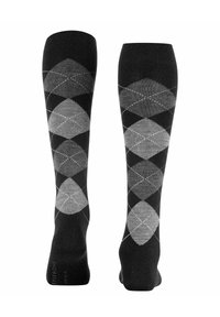 Skarpety do kolan w kolorze czarnym, z diamentowym wzorem w odcieniach szarości, z białymi akcentami i gładką teksturą.