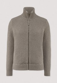 Grauer gestrickter Hoodie mit einem strukturierten Waffelmuster, hohem Kragen und gerippten Bündchen und Saum, bietet eine lässige Passform.
