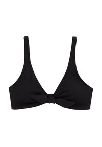 Črna rebrasta bikini zgornji del s trikotno obliko, tankimi naramnicami in sprednjim vozelkom. Tekstura se zdi gladka s subtilnimi navpičnimi črtami.