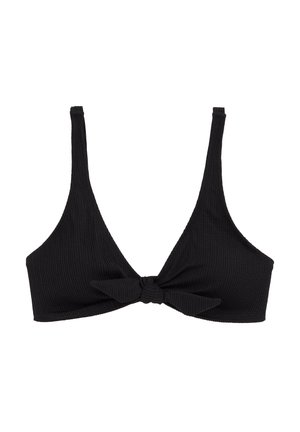 Schwarze gerippte Bikini-Oberteile mit einem dreieckigen Design, dünnen Trägern und einem vorderen Schleifendetail. Die Textur wirkt glatt mit dezenten vertikalen Linien.