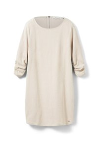 Beige, teksturoitu mekko, jossa on pyöreä pääntie, kolme neljäsosa hihaa ja piilotettu takakuvio. Yksinkertainen muotoilu, polven pituinen.