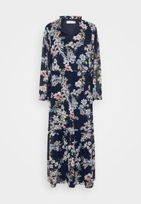 Námořnická midi šaty s květinovým vzorem a dlouhými rukávy, zdobené volánkovým límcem a vrstvenou sukní. Vyrobeno z lehké látky s pastely květinovými vzory.