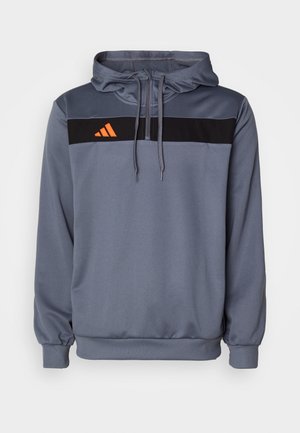 Gray hoodie made of soft fabric, featuring a black horizontal stripe and orange Adidas logo. Includes adjustable drawstrings and ribbed cuffs.