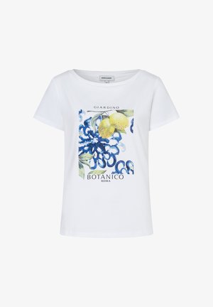 White short-sleeve T-shirt with botanical design featuring yellow lemons, blue floral patterns, and text "GIARDINO BOTANICO ROMA."