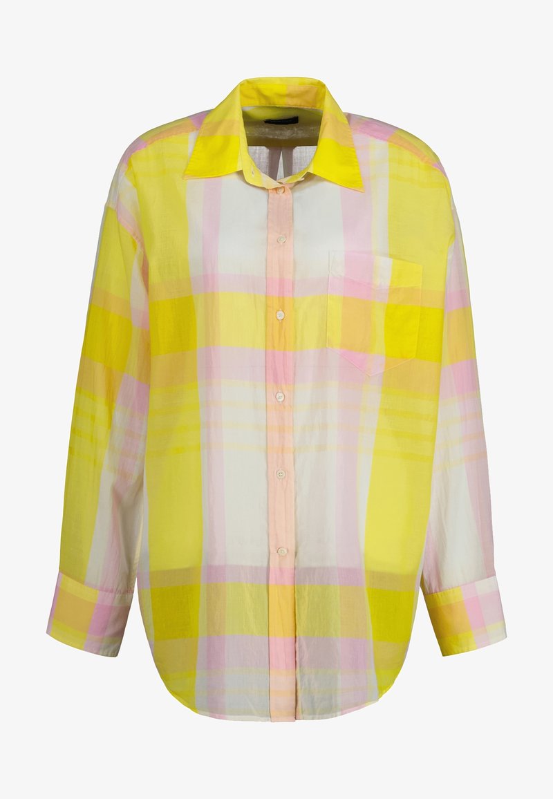 Chemise à manches longues boutonnée à carreaux jaune, blanc et rose avec col et poche poitrine.
