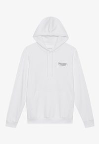 Hvid hættetrøje med frontlomme og lille rektangulært "BALANCE" tekstlogo på venstre bryst. Snore hænger fra hætten.