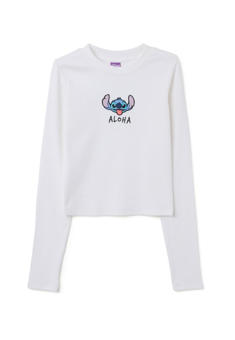 Weißes langärmeliges Crop-Top aus geripptem Stoff, das eine bestickte blaue Figur und den Schriftzug "ALOHA" darunter zeigt.
