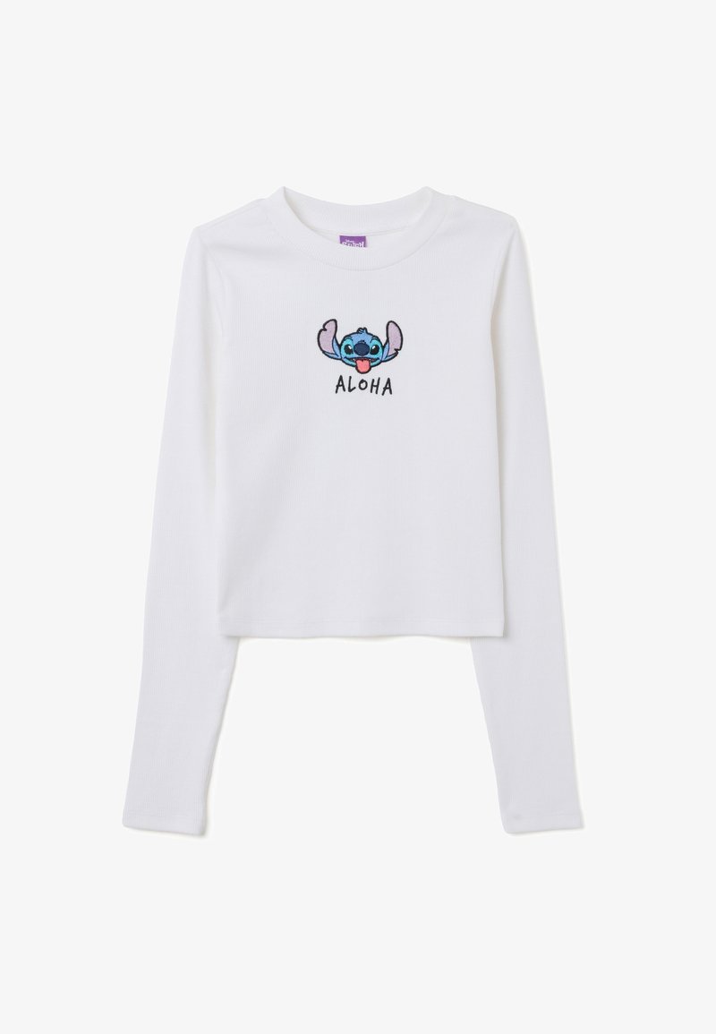 Weißes langärmeliges Crop-Top aus geripptem Stoff, das eine bestickte blaue Figur und den Schriftzug "ALOHA" darunter zeigt.