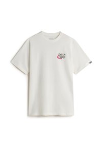 T-shirt bianco in cotone con maniche corte e scollatura rotonda. Presenta una stampa grafica in rosa e nero nella zona del petto sinistro.