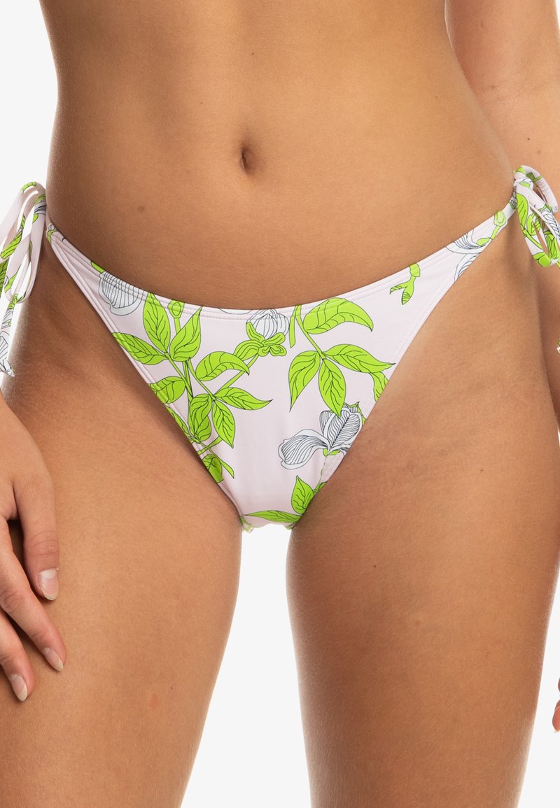 Bikiniunderdelar med vit bas som har gröna och grå blommönster. Snören på sidorna. Mjukt tyg, låg midja.