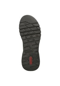 Semelle de chaussure en caoutchouc noir avec un motif texturé présentant des rainures diagonales et un accent de logo rouge. Détails des dimensions embossés sur la surface.