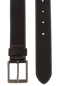 Czarny skórzany pasek z szarym przeszyciem, z prostokątną metalową klamrą. Pasek ma gładką fakturę i wiele oczek do regulacji.