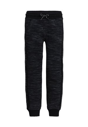 Schwarze und grau melierte Jogginghosen mit elastischem Bund, Kordelzug, seitlichen Taschen und gerippten Bündchen, mit dezentem seitlichem Textdesign.