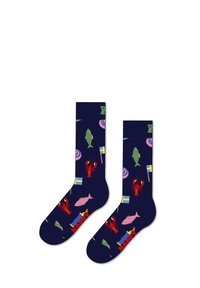 Námořnické ponožky s vzorem ryb a mořských plodů v živých barvách, včetně zelené, růžové a červené, s logem na chodidle.