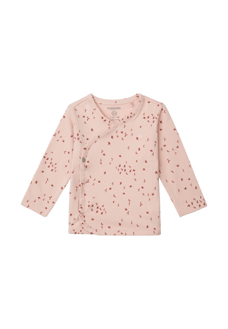 Rosa Langarmshirt aus weicher Baumwolle, mit einem Wickeldesign und kleinen roten Vogelmustern überall. Druckknopfverschluss an der Seite.