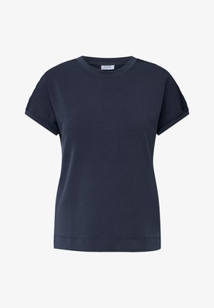 Mørkeblå T-shirt lavet af blødt stof, med korte ærmer og blonde-detaljer på skuldrene samt en rund halsudskæring. Glat tekstur.