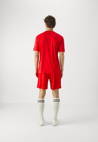 Rød idrettsjersey og shorts, laget av lett stoff. Hvite knestrømper med svarte striper. Utsikt fra baksiden.