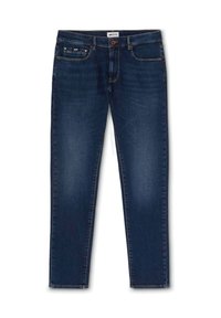 Jeans de denim azul oscuro con un diseño de pierna recta, cinco bolsillos, costuras en contraste y un botón marrón en la cintura.