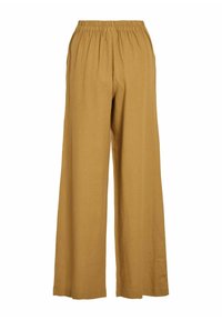 Pantalones de pierna ancha hechos de una tela ligera de color mostaza, con cinturilla elástica y detalles de plisado para añadir textura.