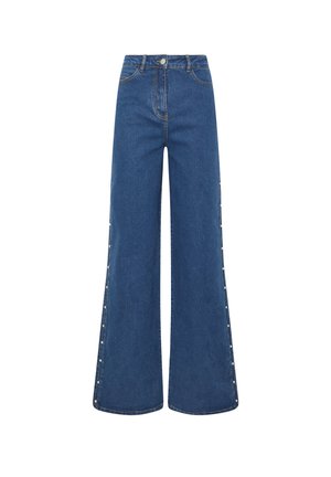 Hoge taille, wijde jeans in middelblauwe denim, met knoopsluiting en decoratieve knopen langs de zijnaden.