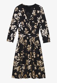 Robe midi noire à manches longues avec imprimé floral beige, corsage cache-cœur avec col en V et taille ajustée.