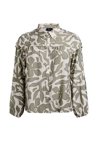 Button-up shirt in light fabric with green floral print and beige background. Features shoulder ruffles and elasticized cuffs.
