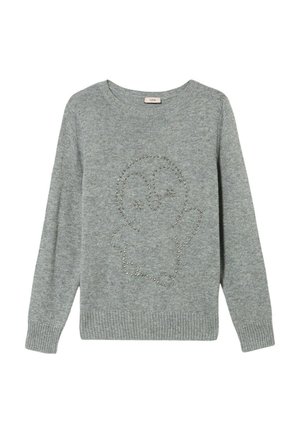 Gray knit sweater featuring a penguin design embellished with metal studs, round neckline, and ribbed cuffs and hem. Soft texture.