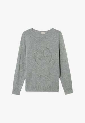 Suéter de punto gris con diseño de pingüino adornado con tachuelas metálicas, cuello redondo y puños y dobladillo acanalados. Textura suave.