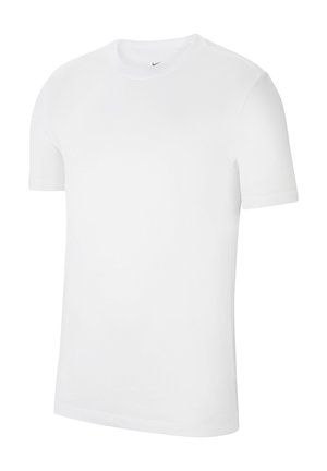 T-shirt bianco a maniche corte in cotone, con scollatura rotonda e un piccolo logo nero in alto a sinistra. Tessuto morbido, vestibilità standard.