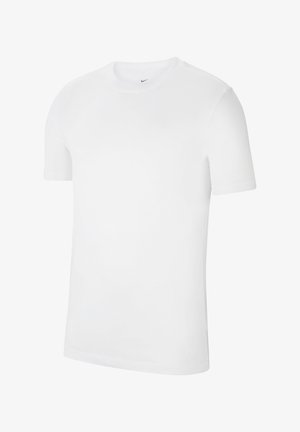 Weißes T-Shirt mit kurzen Ärmeln aus Baumwolle, mit rundem Halsausschnitt und kleinem schwarzen Logo auf der oberen linken Seite. Glatte Textur, normale Passform.