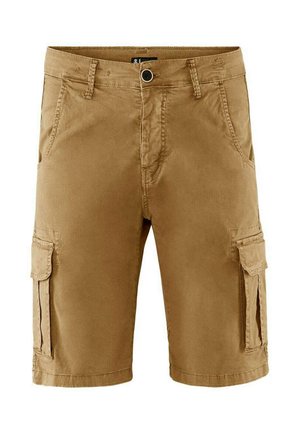 Shorts cargo marroni in cotone con una texture morbida, dotati di tasche laterali, chiusura a bottone e design a gamba dritta.