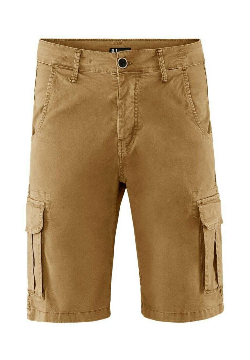 Shorts cargo marroni in cotone con una texture morbida, dotati di tasche laterali, chiusura a bottone e design a gamba dritta.