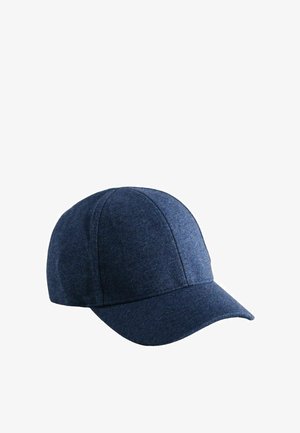 Dunkelblaue Baseballmütze aus Stoff mit sechs Panels und gebogenem Schirm, vor weißem Hintergrund gezeigt.