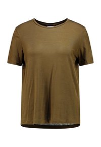Maglietta a maniche corte verde oliva, colletto rotondo, realizzata in materiale morbido, vestibilità comoda, con orlo dritto e dettagli di cucitura minimali.
