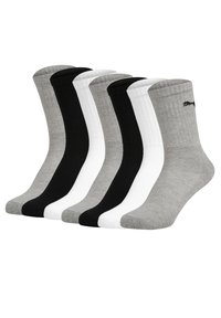 Sechs Paar Crew-Socken in Dunkelgrau, Hellgrau, Schwarz und Weiß. Aus einem glatten Strickmaterial gefertigt, mit gerippten Bündchen und verstärkten Zehen.