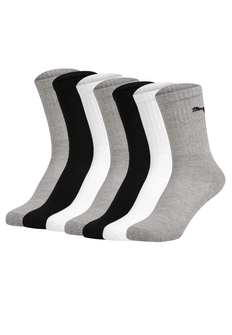 Sechs Paar Crew-Socken in Dunkelgrau, Hellgrau, Schwarz und Weiß. Aus einem glatten Strickmaterial gefertigt, mit gerippten Bündchen und verstärkten Zehen.