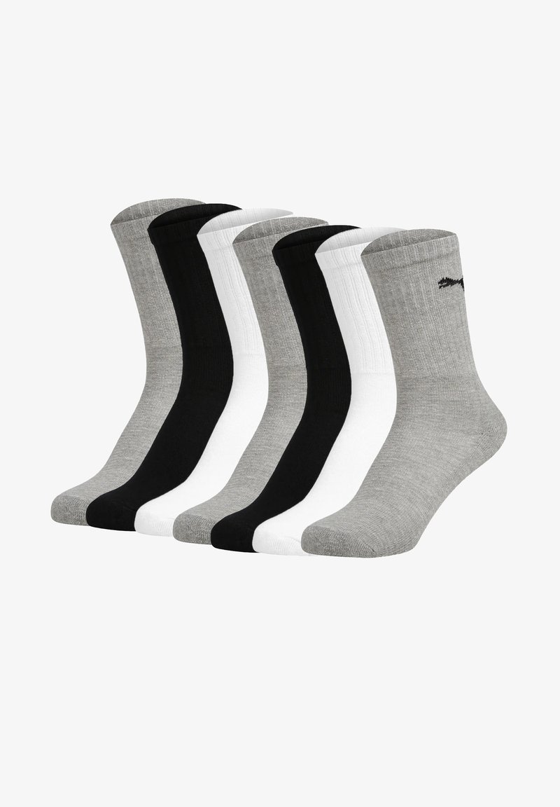 Sechs Paar Crew-Socken in Dunkelgrau, Hellgrau, Schwarz und Weiß. Aus einem glatten Strickmaterial gefertigt, mit gerippten Bündchen und verstärkten Zehen.