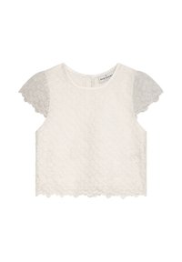 Weißes Spitzen-Crop-Top mit floralen Mustern, gezackten Ärmeln und einem rundem Ausschnitt mit Reißverschluss auf der Rückseite.