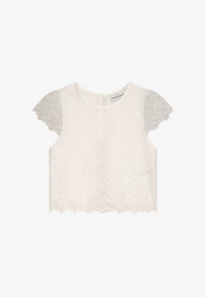 Weißes Spitzen-Crop-Top mit floralen Mustern, gezackten Ärmeln und einem rundem Ausschnitt mit Reißverschluss auf der Rückseite.