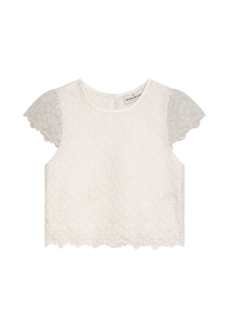 Weißes Spitzen-Crop-Top mit floralen Mustern, gezackten Ärmeln und einem rundem Ausschnitt mit Reißverschluss auf der Rückseite.