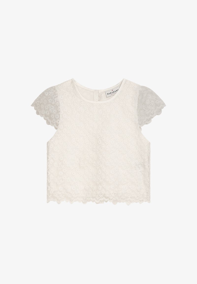 Weißes Spitzen-Crop-Top mit floralen Mustern, gezackten Ärmeln und einem rundem Ausschnitt mit Reißverschluss auf der Rückseite.