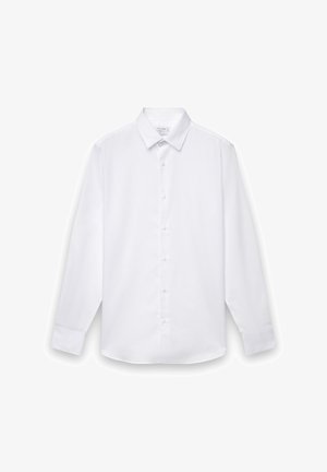 Weißes Langarmhemd mit Knöpfen und Standardkragen, vorne mit Knopfverschluss und glatter gewebter Struktur. Keine Muster oder Akzente.