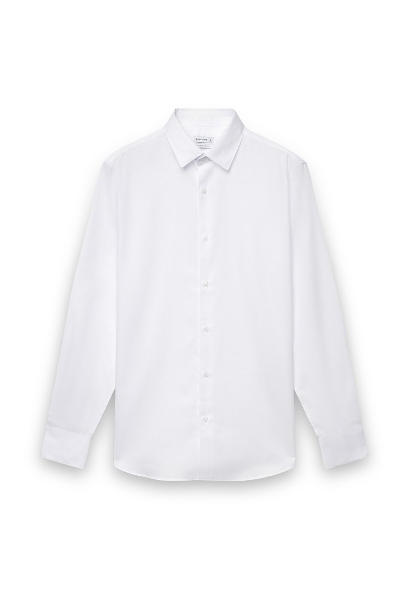 Weißes Langarmhemd mit Knöpfen und Standardkragen, vorne mit Knopfverschluss und glatter gewebter Struktur. Keine Muster oder Akzente.