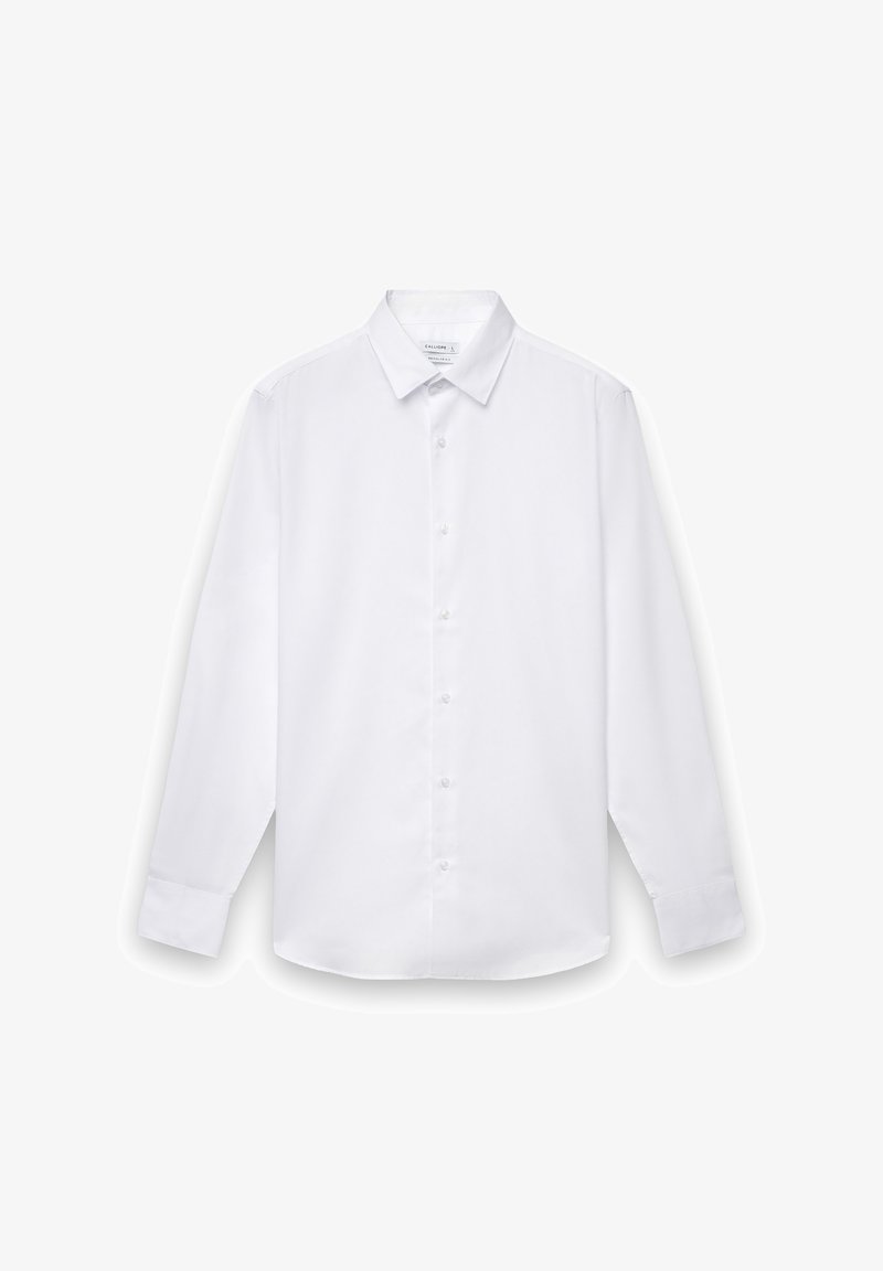 Weißes Langarmhemd mit Knöpfen und Standardkragen, vorne mit Knopfverschluss und glatter gewebter Struktur. Keine Muster oder Akzente.