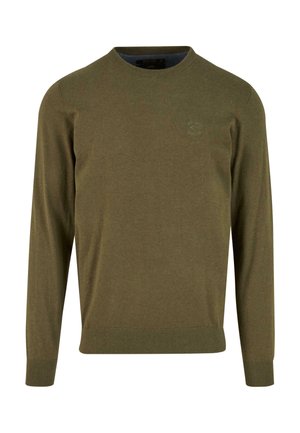 Pull à col rond à manches longues de couleur vert olive avec des poignets et un ourlet côtelés, logo brodé discret sur la poitrine gauche.