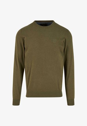 Pull à col rond à manches longues de couleur vert olive avec des poignets et un ourlet côtelés, logo brodé discret sur la poitrine gauche.