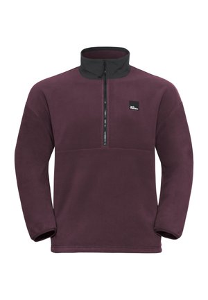 Burgunderfarbener Fleece-Pullover mit hohen Kragen und halbem Reißverschluss. Verfügt über ein schwarzes Paneel am Hals und ein kleines Logo auf der Brust.